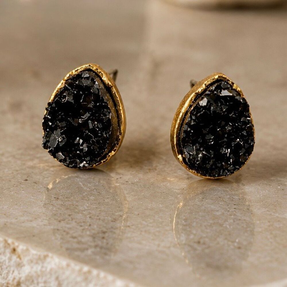 Black Galaxy Teardrop Earrings – Faux Druzy Quartz Studs with Raw Edge